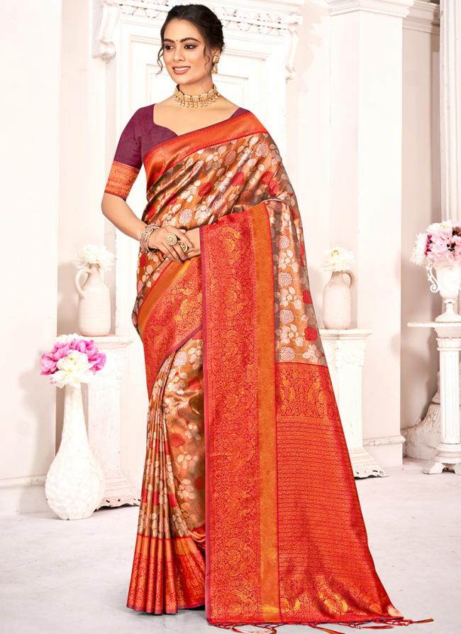 Kanjivaram Silk Orange Festival Wear Weaving Saree